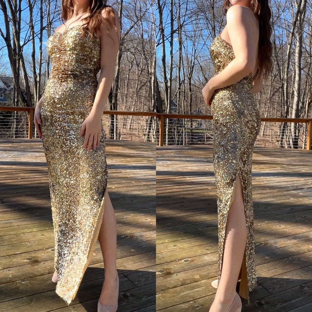 Vintage Gold Scala Sequin Strapless 100% Silk Maxi Formal Prom Dress